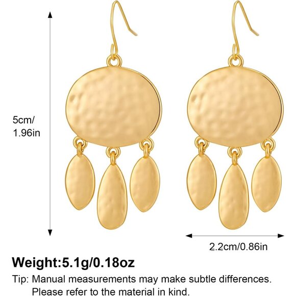 14K D Gold Pleated Boho Hammered Statement Finish Dangle Drop Earring for Women - Picture 6 of 6